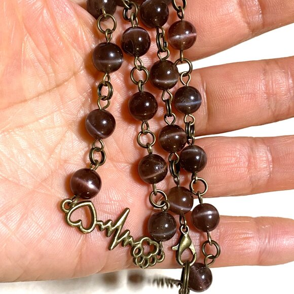 Cute Purple Cat's Eye Bronze Paw Print Heart Beat Adjustable Pendant Choker - Picture 15 of 15